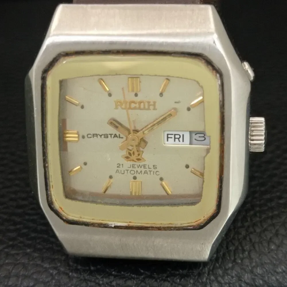 Vintage 1979 Ricoh Automatic Mens Silver Watch W/daydate & Gold accents